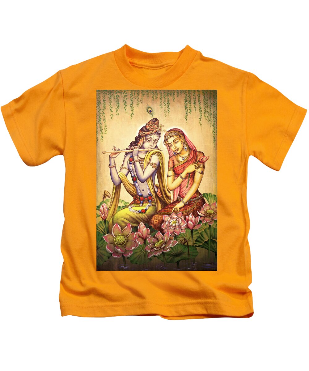 Radha Kids T-Shirt featuring the painting The nectar of Krishnas flute by Vrindavan Das