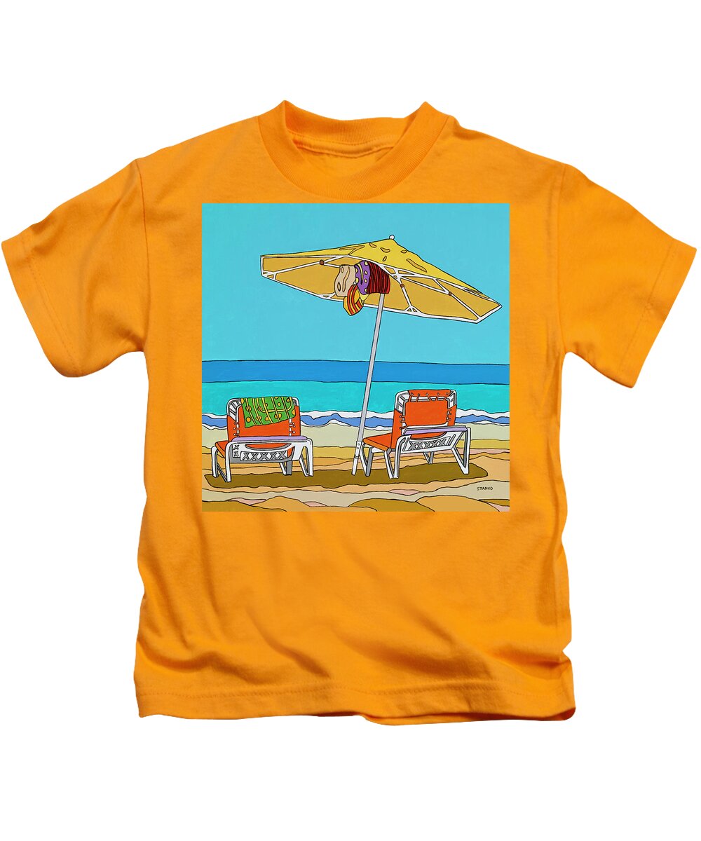Beach Chairs Sand Ocean Water Summer Umbrella Kids T-Shirt featuring the painting The yellow umbrella by Mike Stanko