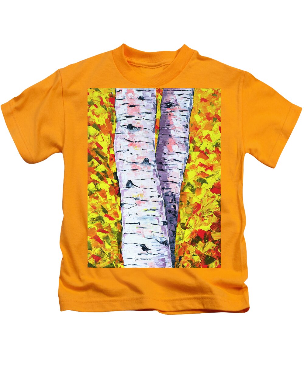 Aspens Kids T-Shirt featuring the painting Two Aspens in Autumn by Mark Ross