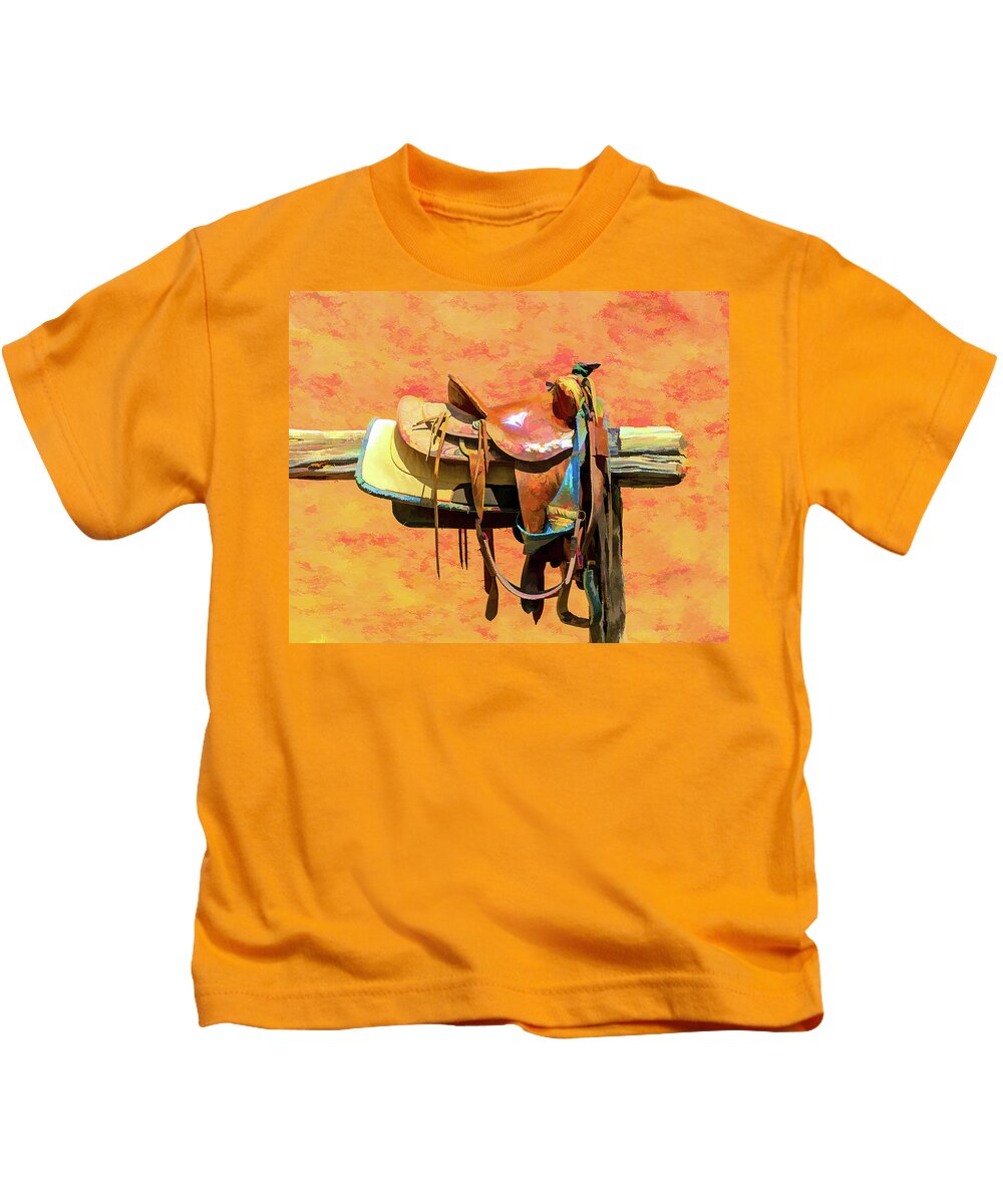 Equine Kids T-Shirt featuring the digital art Western Saddle by JBK Photo Art