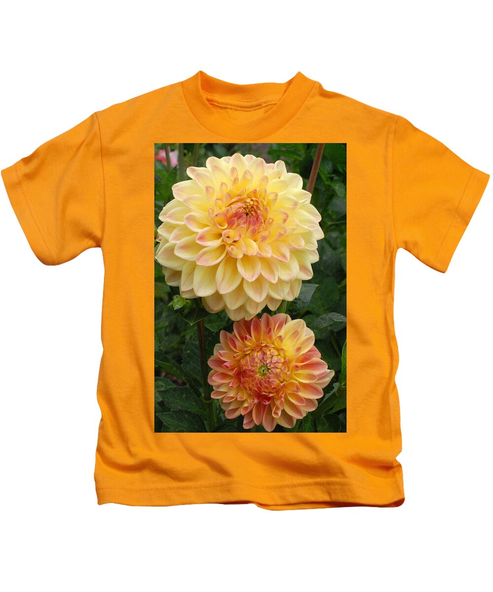 Dahlia Kids T-Shirt featuring the photograph Yellow and Orange Dahlias 2 by Amy Fose