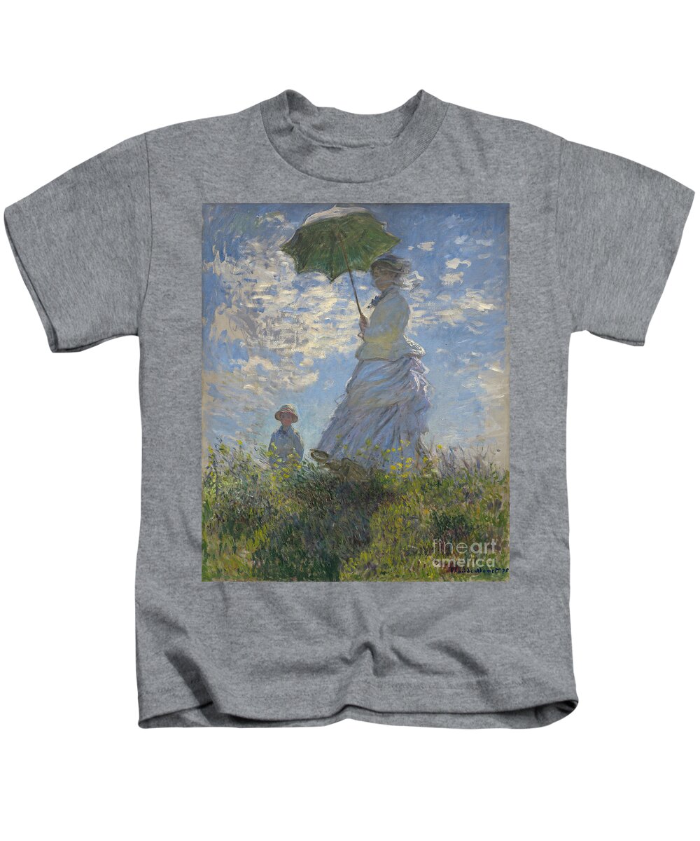 Female; Male; Boy; Child; Hill; Walking; Walk; Stroll; Summer; Outdoors; Mother; Hat; Impressionist; Artists Kids T-Shirt featuring the painting Woman with a Parasol Madame Monet and Her Son by Claude Monet