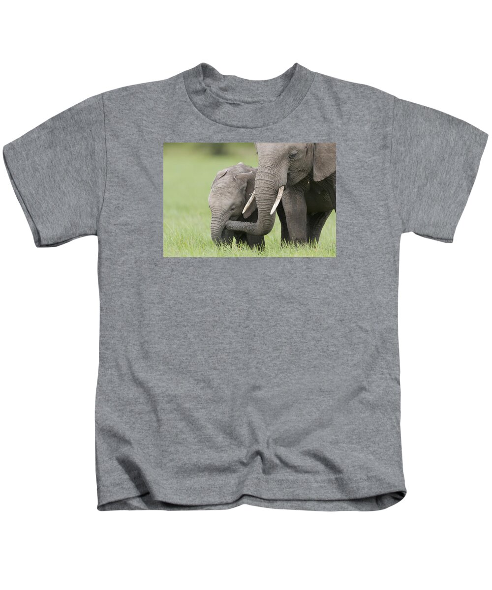 Feb0514 Kids T-Shirt featuring the photograph African Elephant Juvenile And Calf Kenya #2 by Tui De Roy