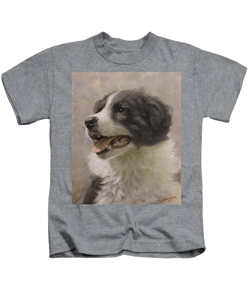 Border Collie Kids T-Shirt featuring the painting Border Collie pup portrait III #2 by John Silver