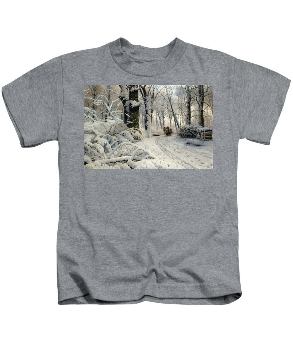 Peder Mork Monsted Kids T-Shirt featuring the painting Forest in Winter #1 by Peder Mork Monsted