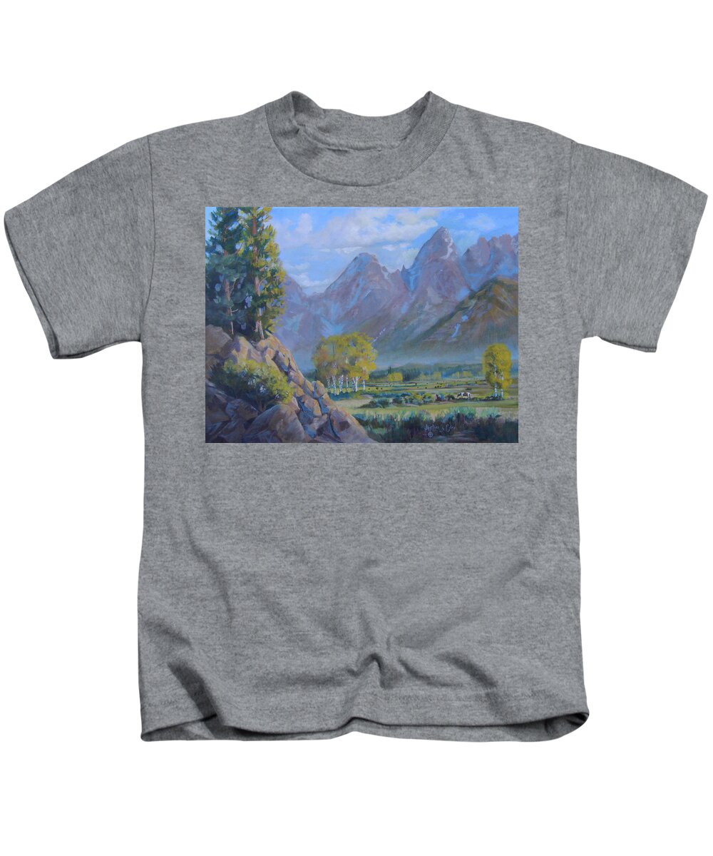Heather Coen Kids T-Shirt featuring the painting Grazing in Paradise #1 by Heather Coen