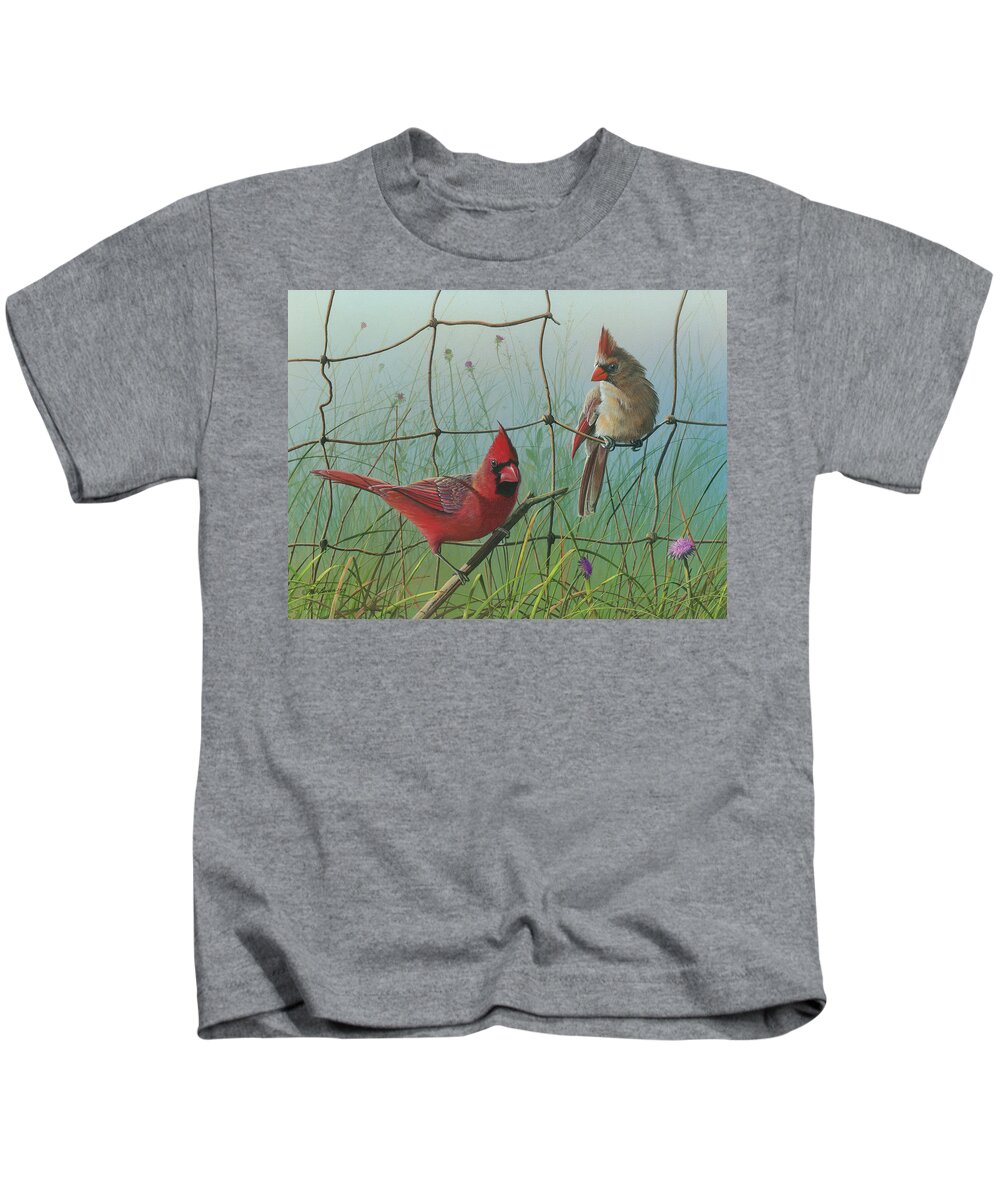Red Cardinal Paintings Kids T-Shirt featuring the painting Scarlet by Mike Brown
