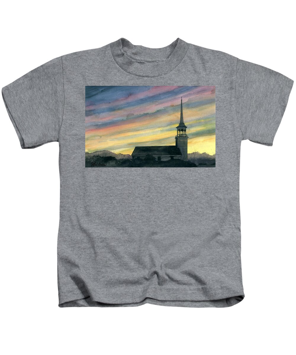 Church Kids T-Shirt featuring the painting Sky and Steeple #1 by Arthur Barnes