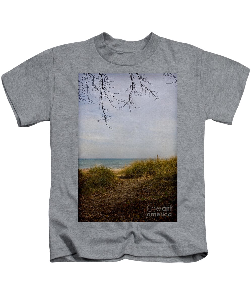 Leaves; Dead; Fall; Beach; Path; Sea; Lake; Ocean; Sand; Grasses; Alone; Seaside; Shore; Water; Outside; Outdoors; Empty; Day; Branches; Autumn Kids T-Shirt featuring the photograph Summers End #1 by Margie Hurwich