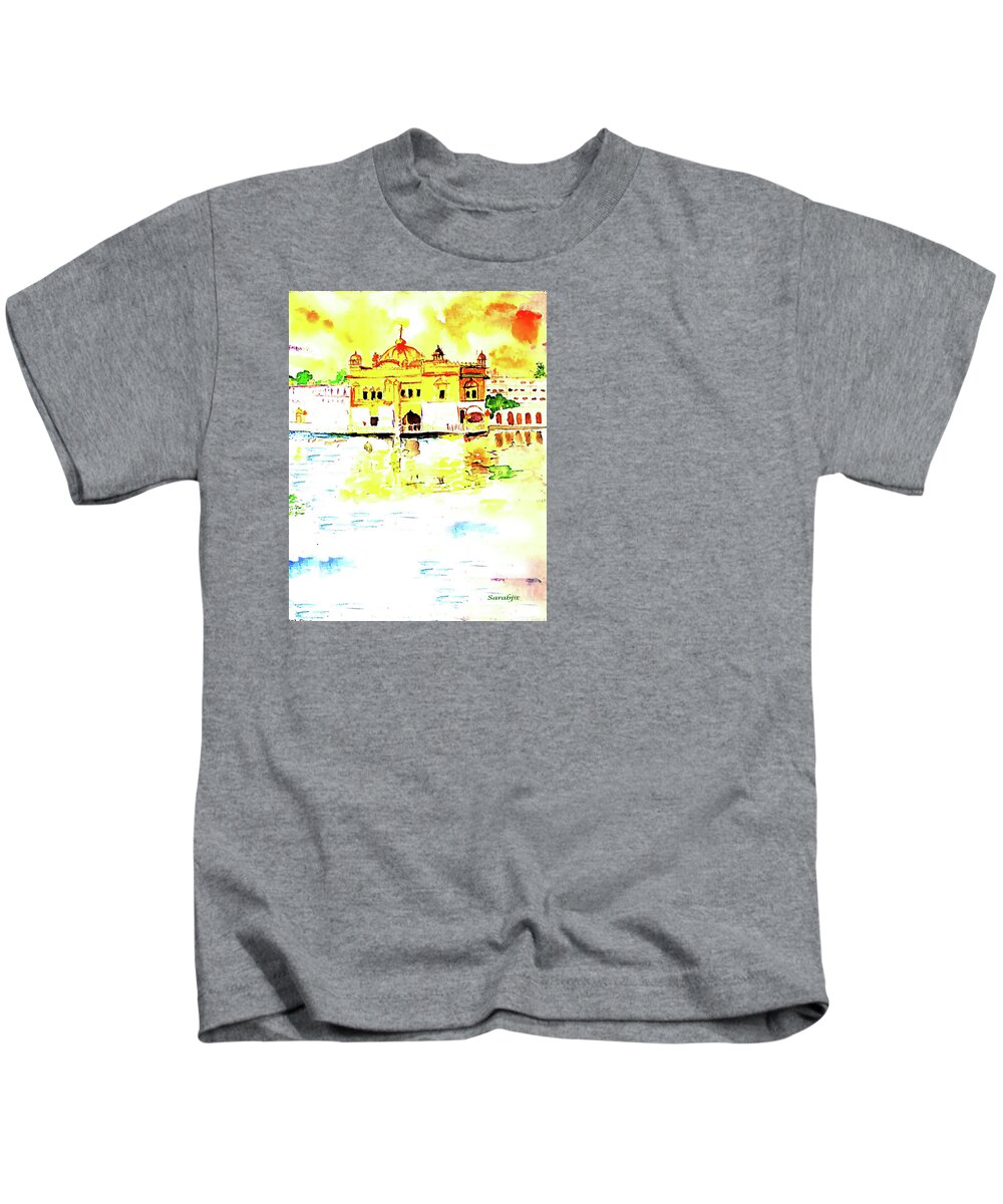 Golden Temple Kids T-Shirt featuring the painting Golden Temple #1 by Sarabjit Singh