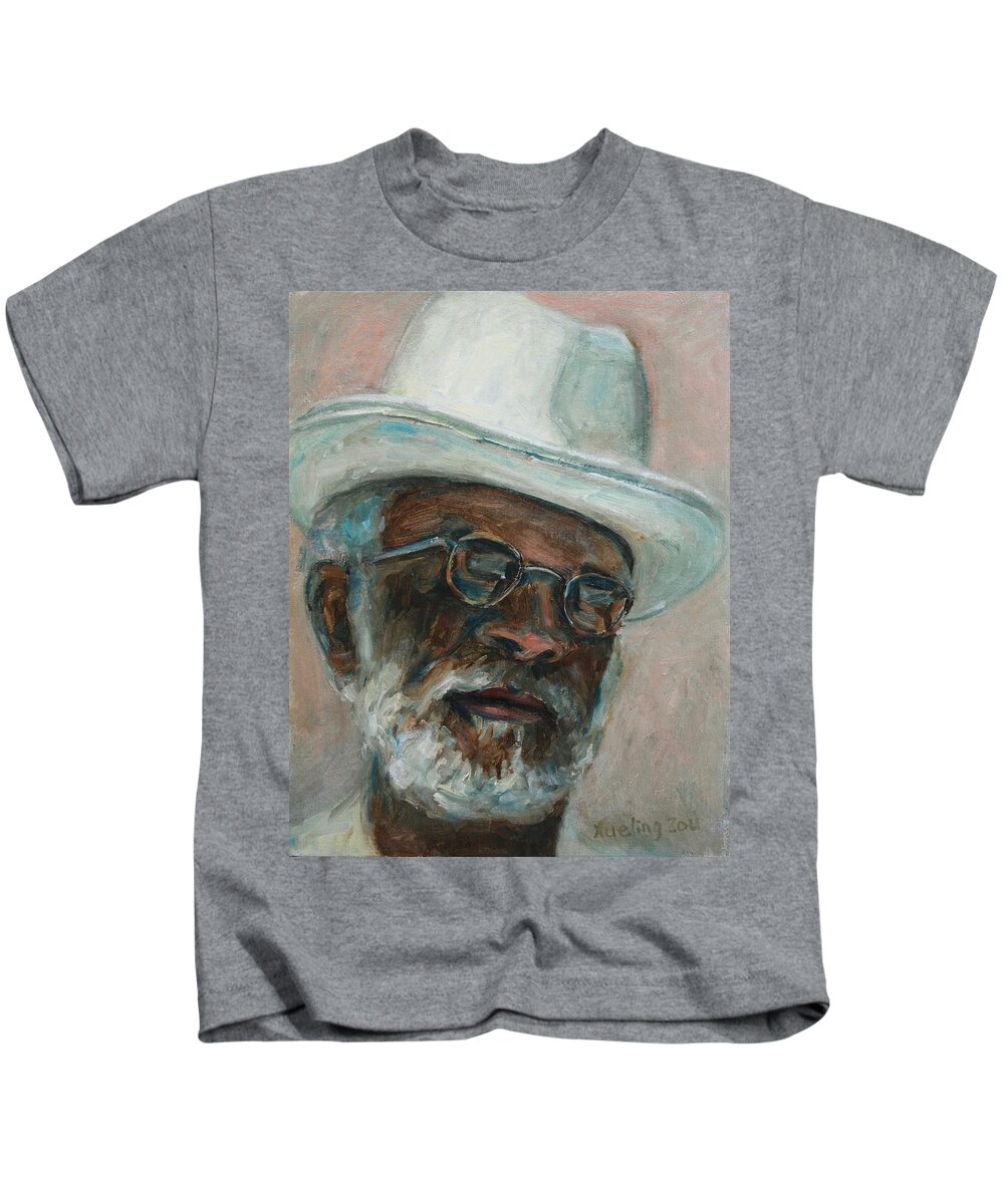 African American Kids T-Shirt featuring the painting Gray Beard Under White Hat by Xueling Zou