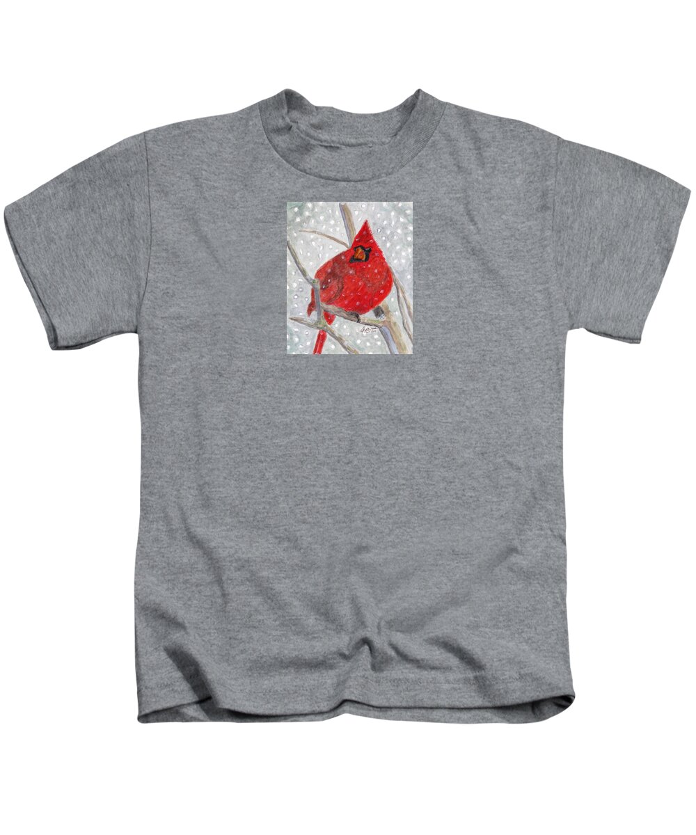 Cardinals Kids T-Shirt featuring the painting A Cardinal Winter by Angela Davies