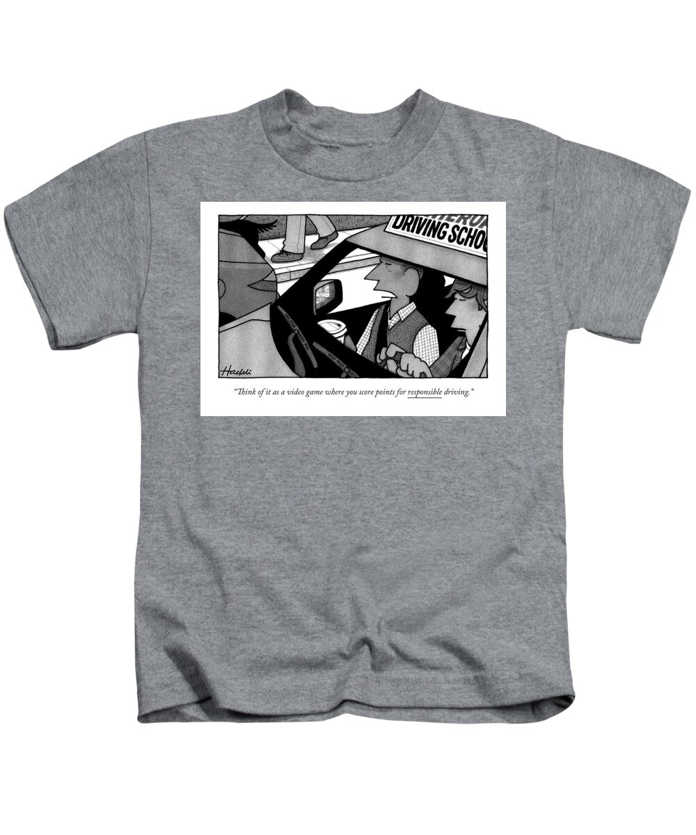Video Game Kids T-Shirt featuring the drawing A Driver's Ed Teacher Speaks To His Student by William Haefeli