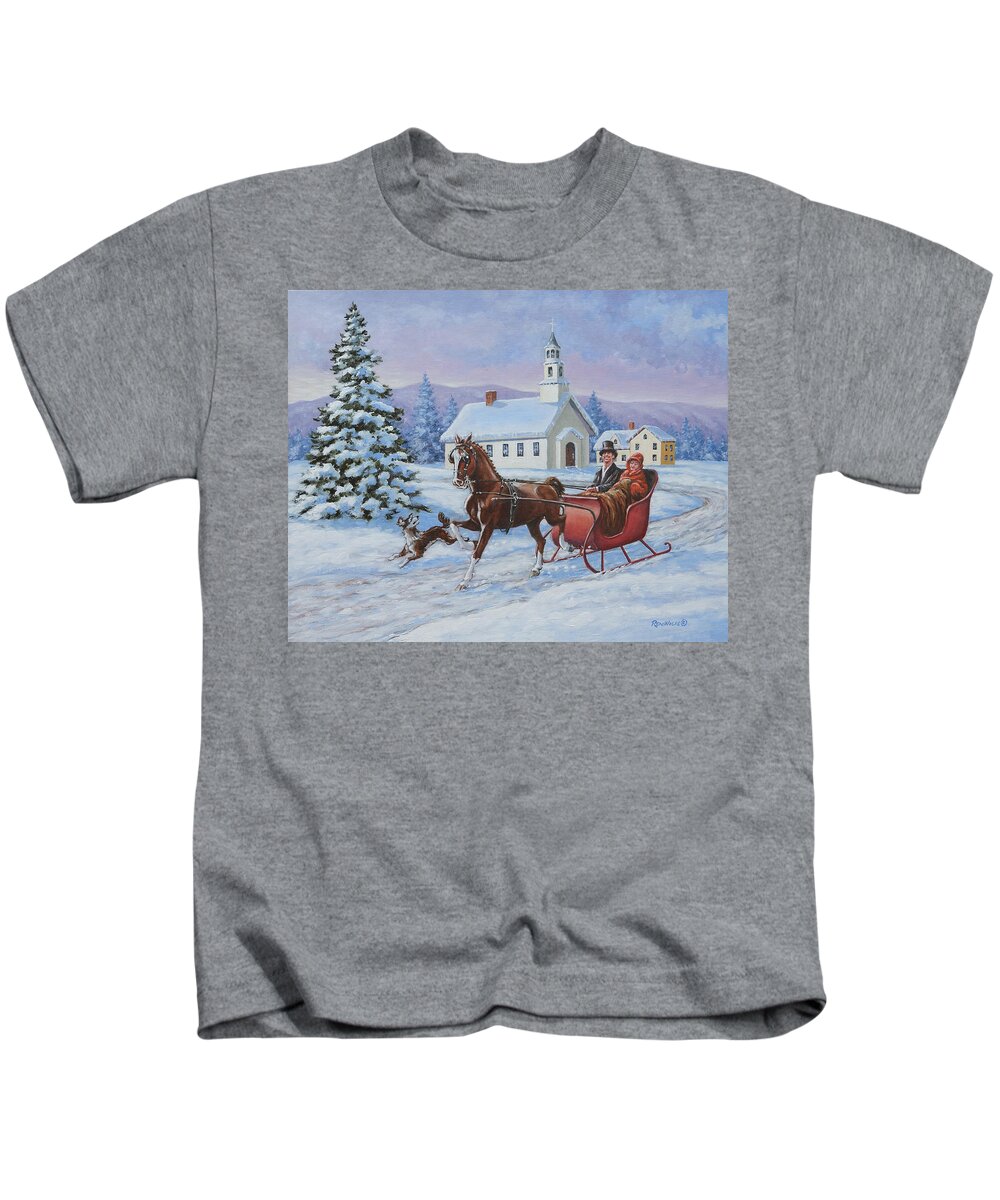 Horse Kids T-Shirt featuring the painting A One Horse Open Sleigh by Richard De Wolfe