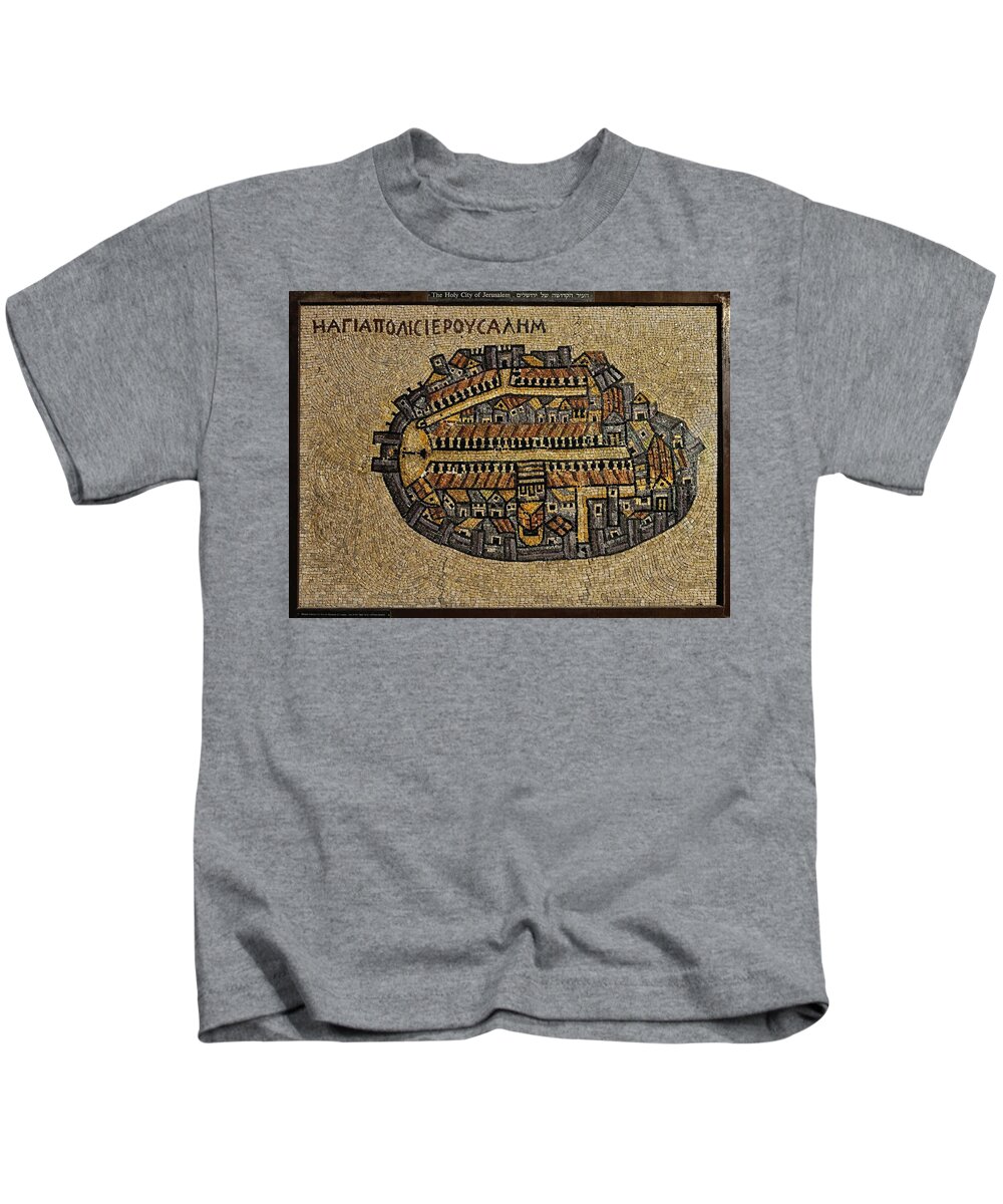 Israel Kids T-Shirt featuring the photograph Ancient Jerusalem Mosaic Map Color Framed by Mark Fuller