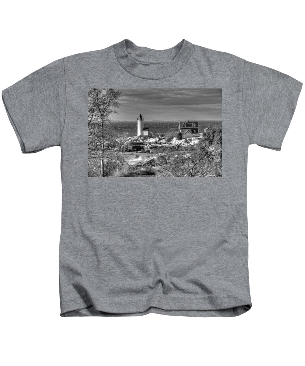 Annisquam Lighthouse Kids T-Shirt featuring the photograph Annisquam Lighthouse Black and White by Liz Mackney