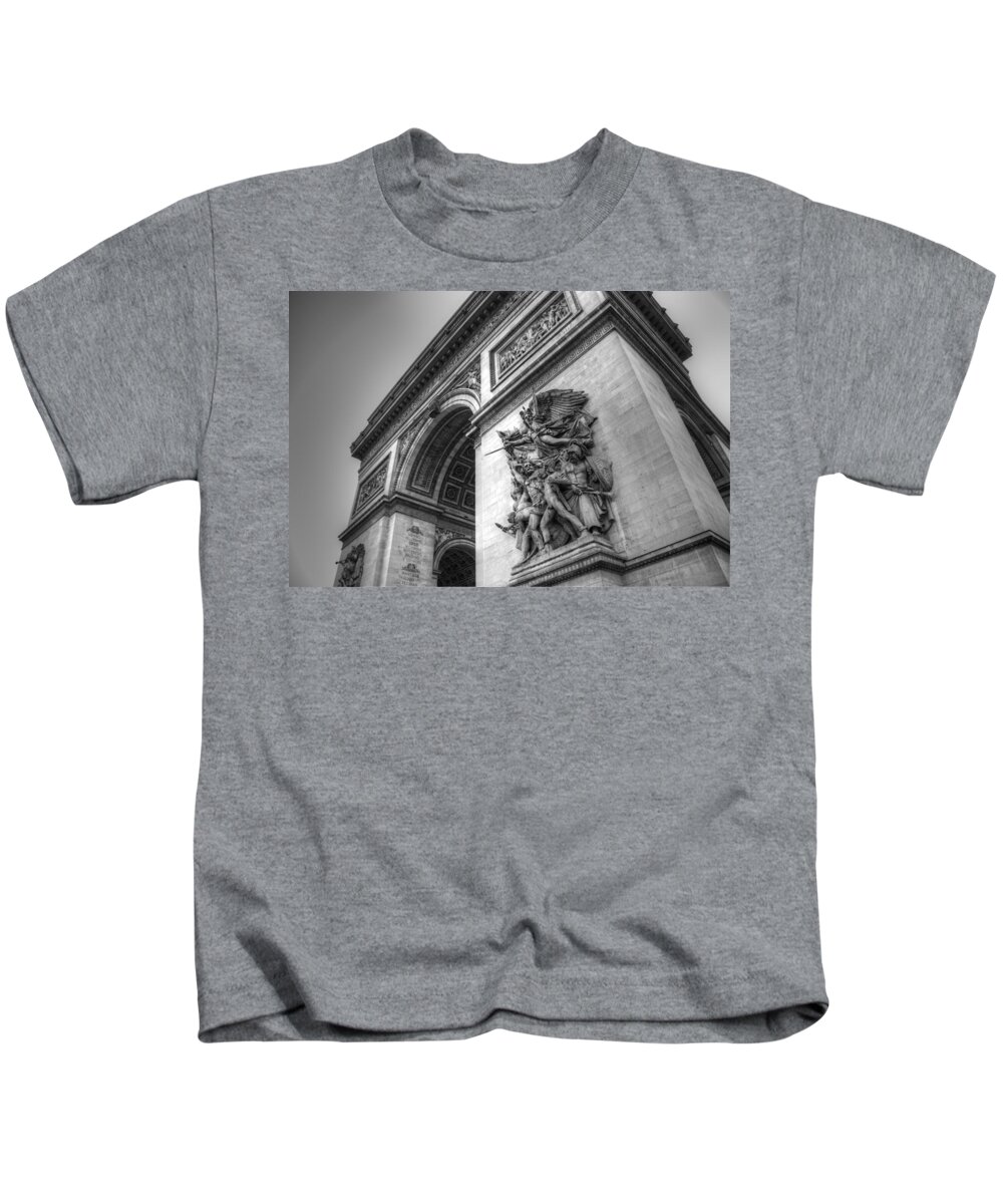 Arc De Triomphe Kids T-Shirt featuring the photograph Arc de Triomphe in Black and White by Jennifer Ancker