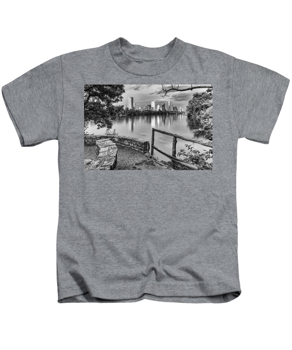 Downtown Kids T-Shirt featuring the photograph Austin Texas Skyline Lou Neff Point in Black and White by Silvio Ligutti