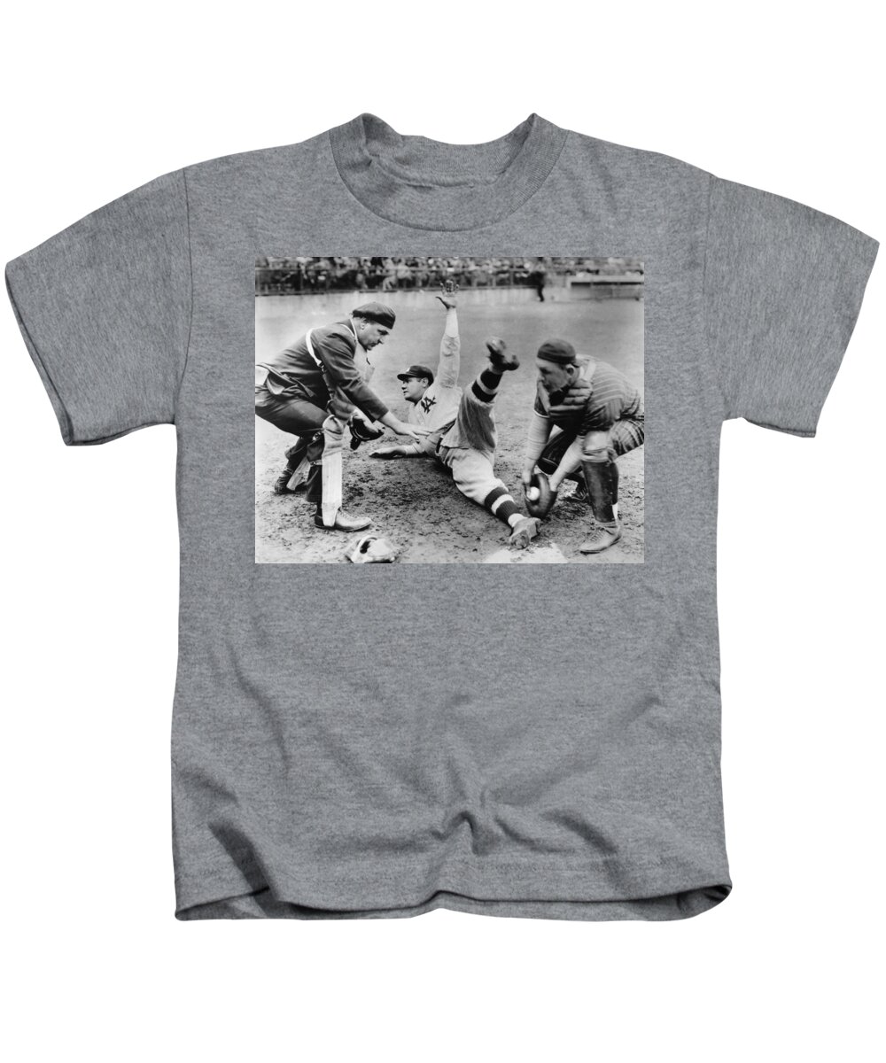 1920's Kids T-Shirt featuring the photograph Babe Ruth Slides Home by Underwood Archives