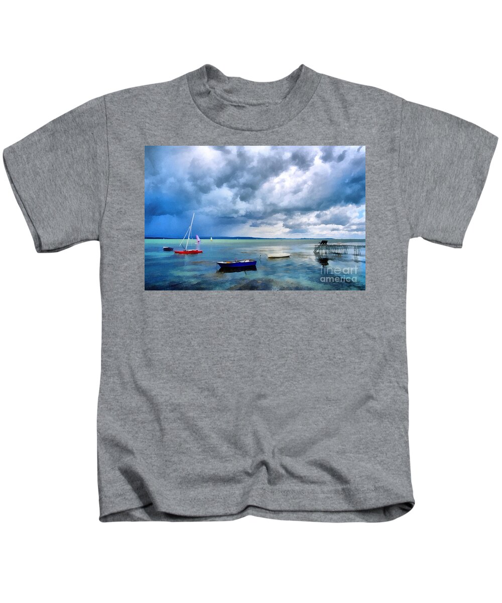 Odon Kids T-Shirt featuring the painting Balaton lake by Odon Czintos