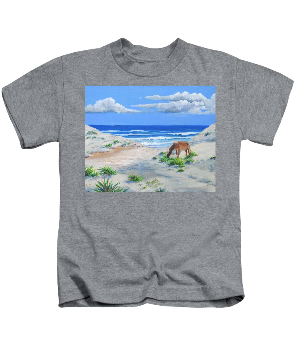 Horse Kids T-Shirt featuring the painting Blonde On The Beach by Anne Marie Brown