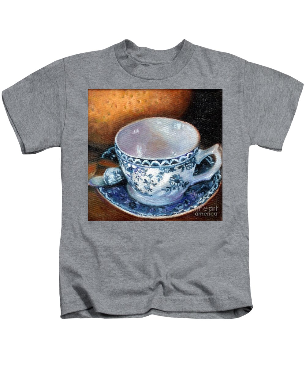 Still Life Kids T-Shirt featuring the painting Blue and White Teacup with Spoon by Marlene Book