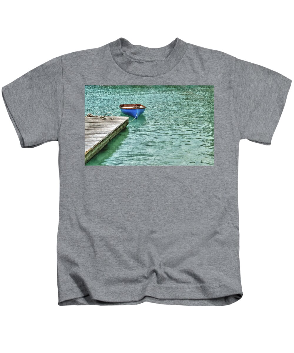 Blue Kids T-Shirt featuring the digital art Blue Boat Off Dock by Michael Thomas