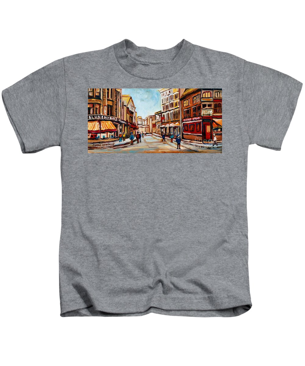Montreal Kids T-Shirt featuring the painting Blumenthals On Craig Street by Carole Spandau