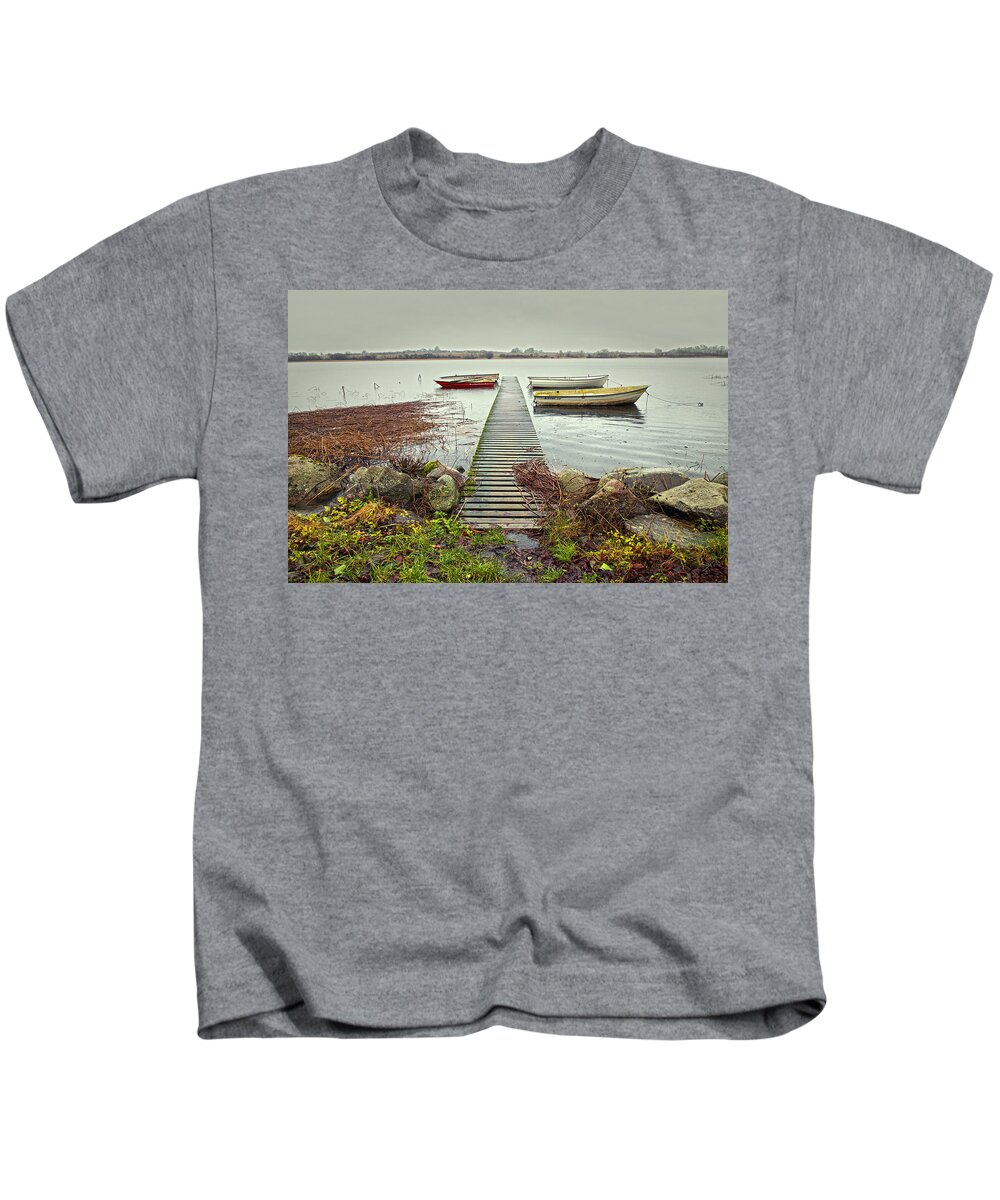 Pier Kids T-Shirt featuring the photograph Boats by the pier by Mike Santis