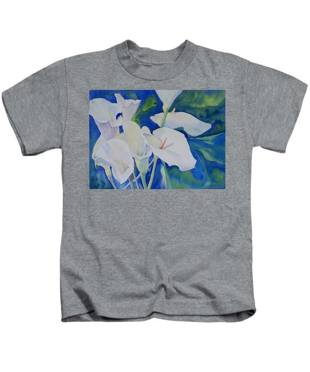 Lily Kids T-Shirt featuring the painting Calla Lilies by Celene Terry