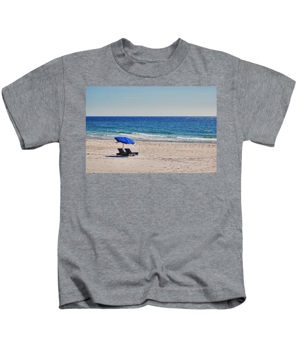 Alabama Kids T-Shirt featuring the digital art Chairs on the Beach with Umbrella by Michael Thomas