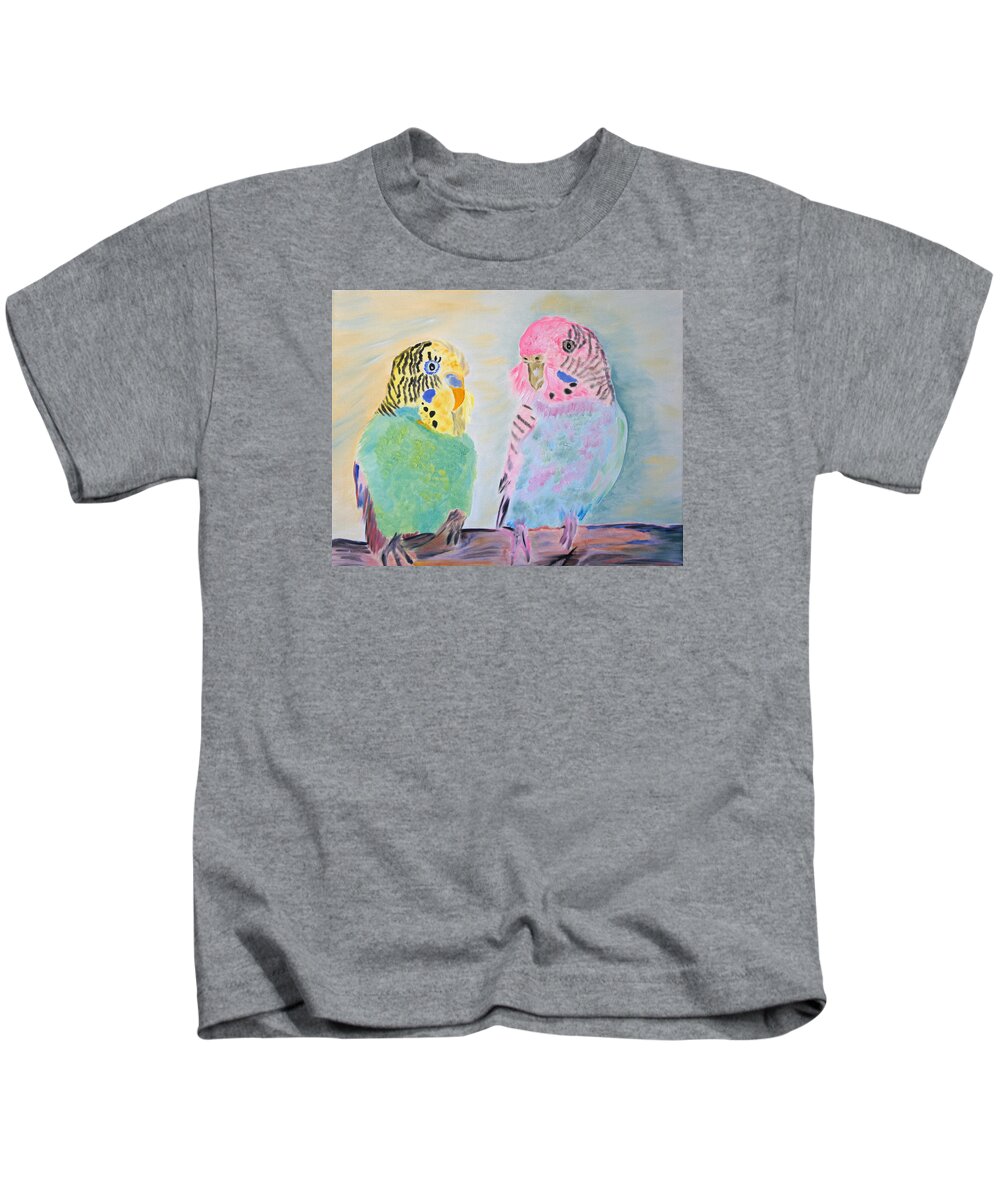 Parakeets Kids T-Shirt featuring the painting Childhood Parakeets by Meryl Goudey