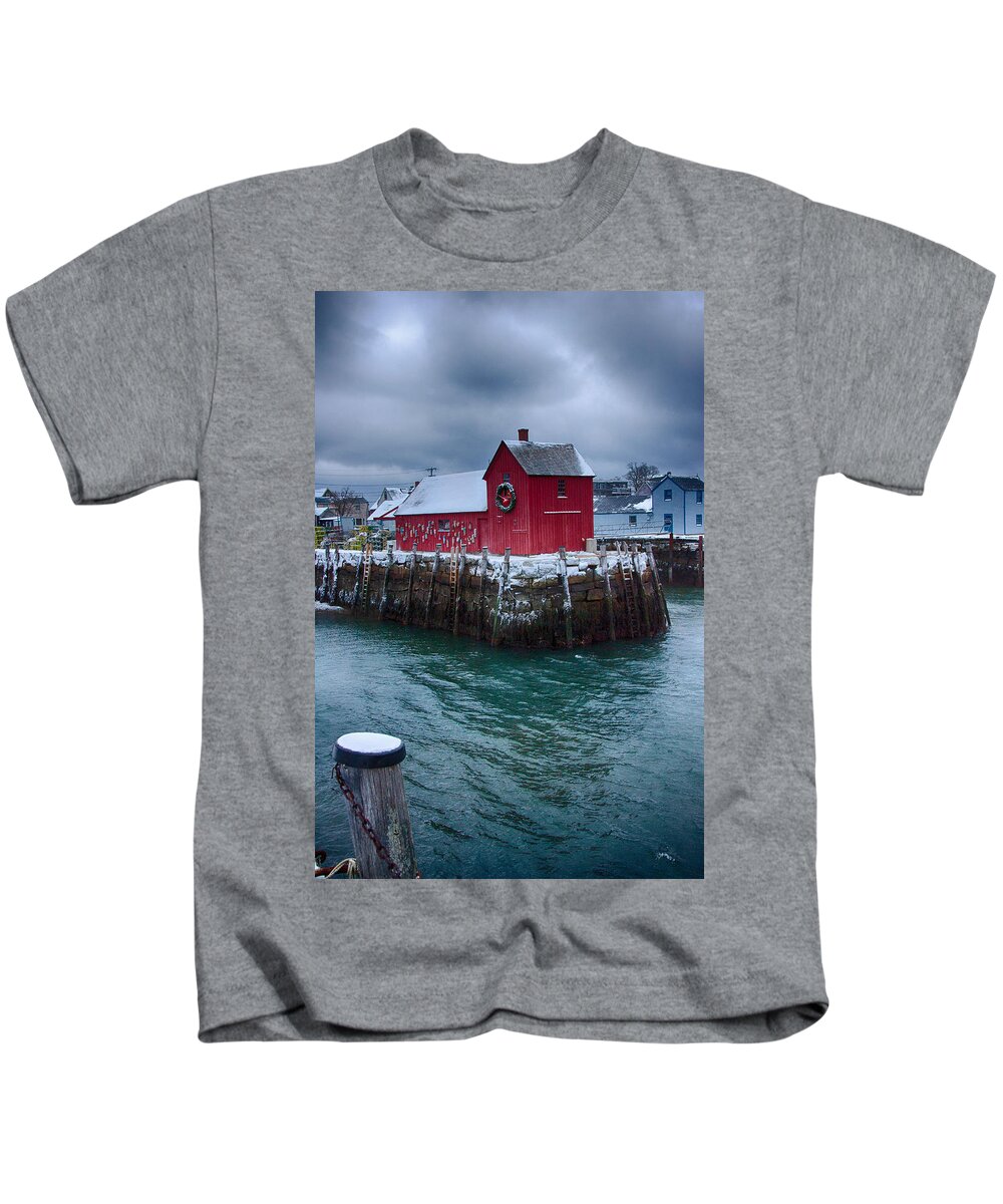 Rockport Harbor Kids T-Shirt featuring the photograph Christmas in Rockport Massachusetts by Jeff Folger