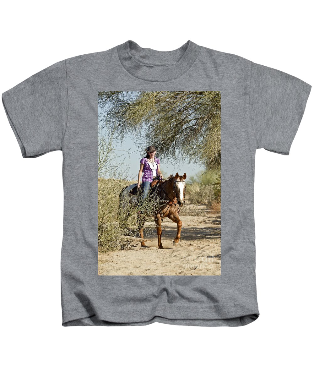 Horse Kids T-Shirt featuring the photograph Coming Through the Wash by Kathy McClure