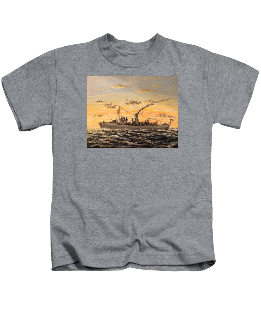 Arctic Kids T-Shirt featuring the painting Corvette K63 Warship in the Arctic Sea by Mackenzie Moulton