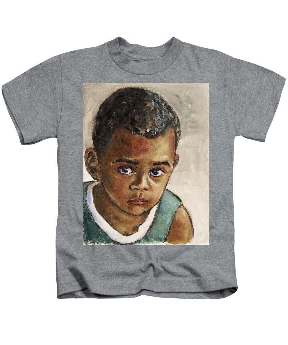Boy Kids T-Shirt featuring the painting Curious Little Boy by Xueling Zou