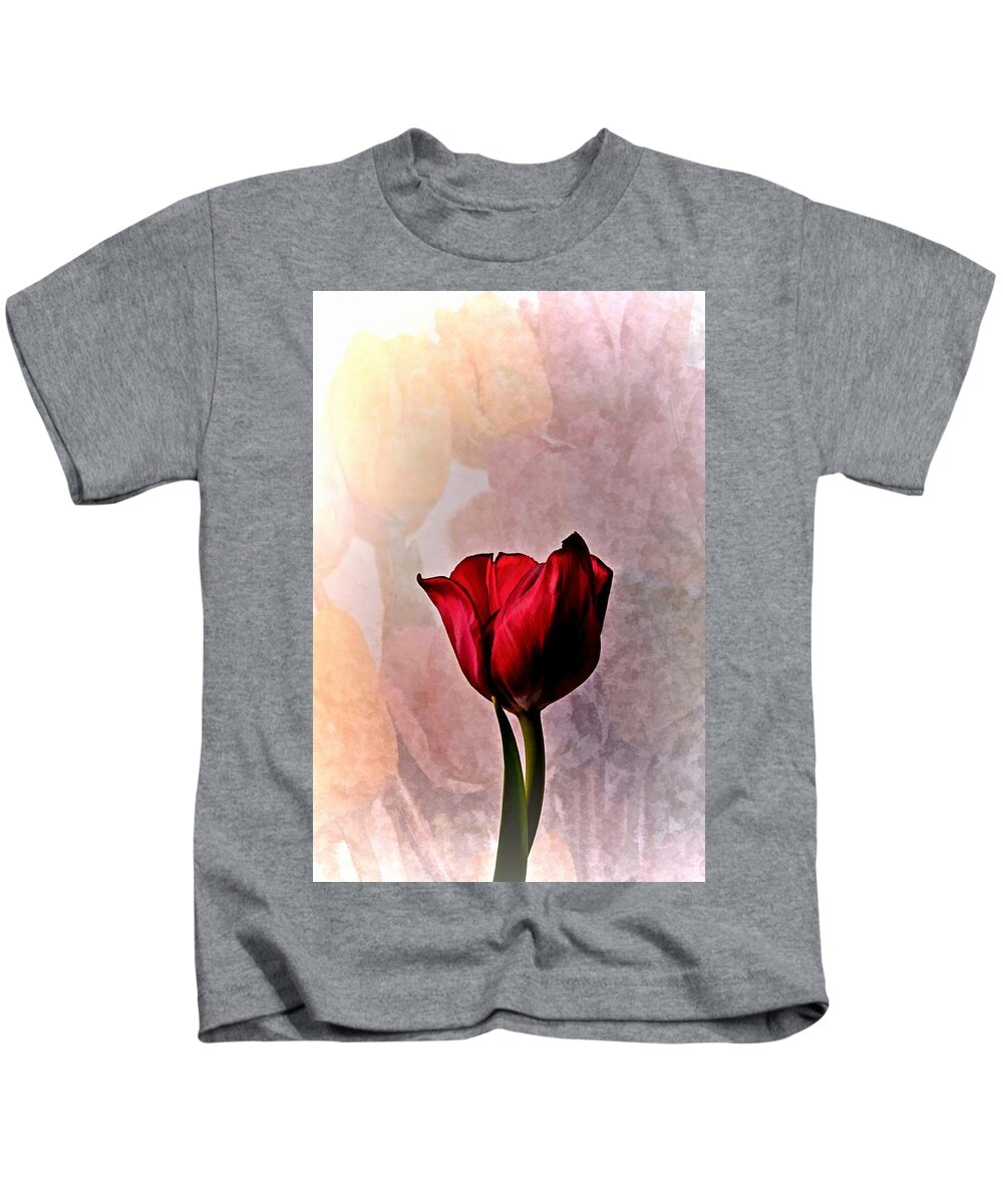 Flower Kids T-Shirt featuring the photograph Deep Red Tulip on Pale Tulip Background by Phyllis Meinke