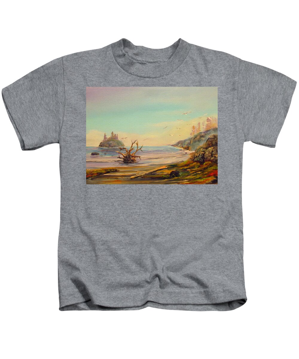 Landscape Kids T-Shirt featuring the painting Driftwood Beach by Wayne Enslow