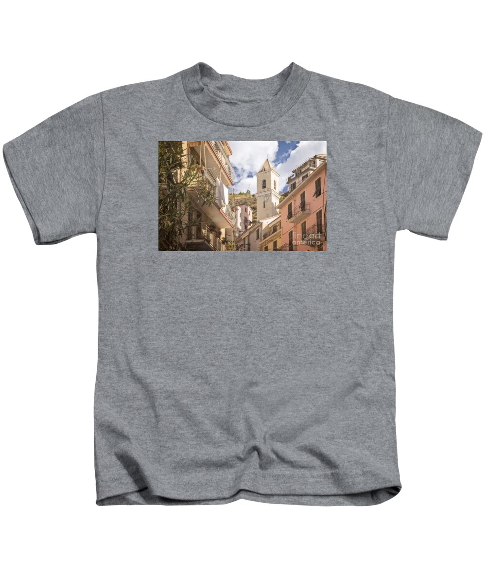 Cinque Terre Kids T-Shirt featuring the photograph Duomo Bell Tower of Manarola by Prints of Italy
