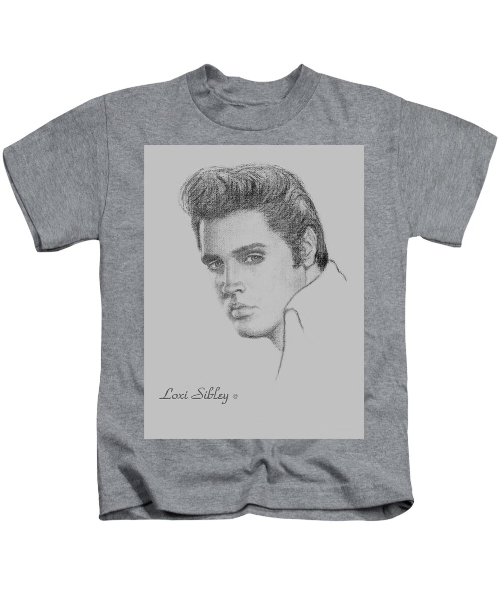 Elvis Kids T-Shirt featuring the drawing Elvis in Charcoal by Loxi Sibley