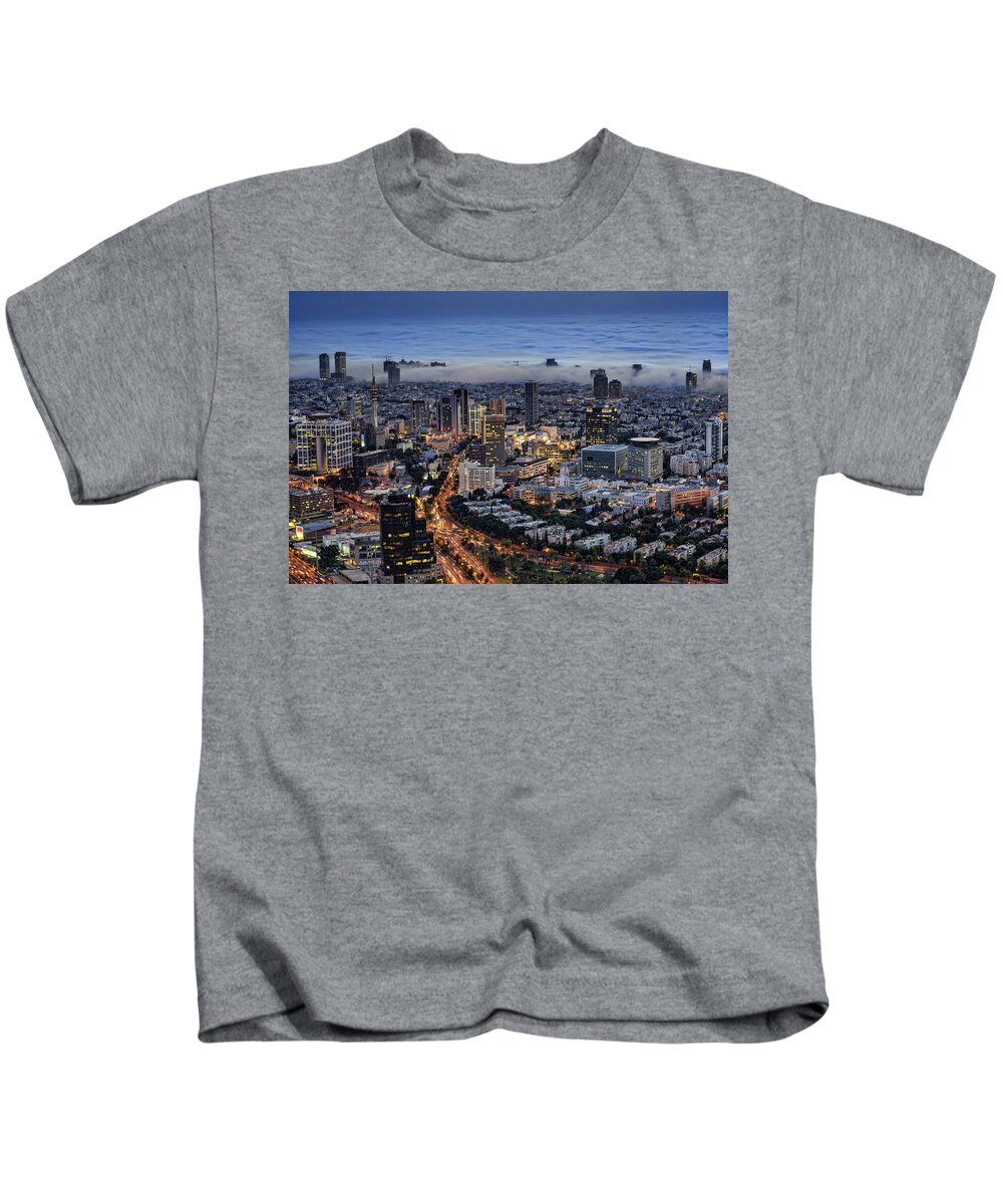 Israel Kids T-Shirt featuring the photograph Evening City Lights by Ron Shoshani