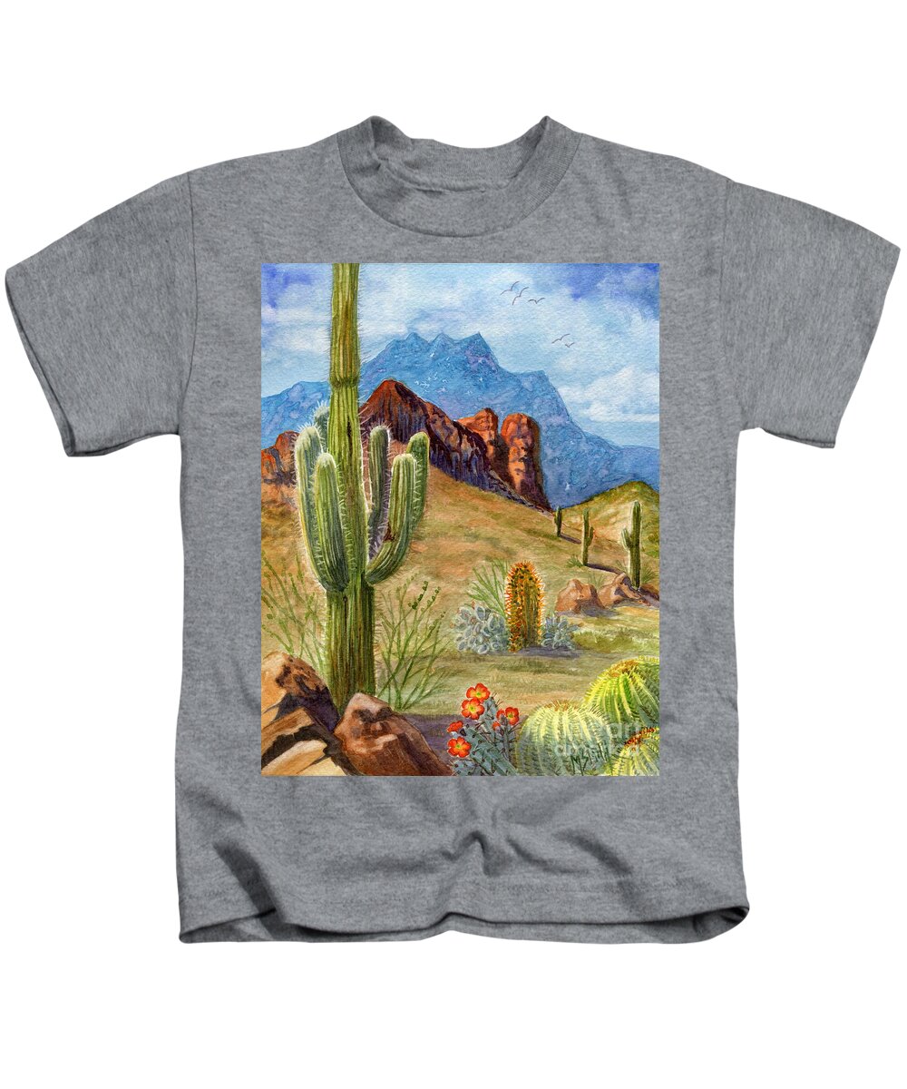 Desert Kids T-Shirt featuring the painting Four Peaks Vista by Marilyn Smith