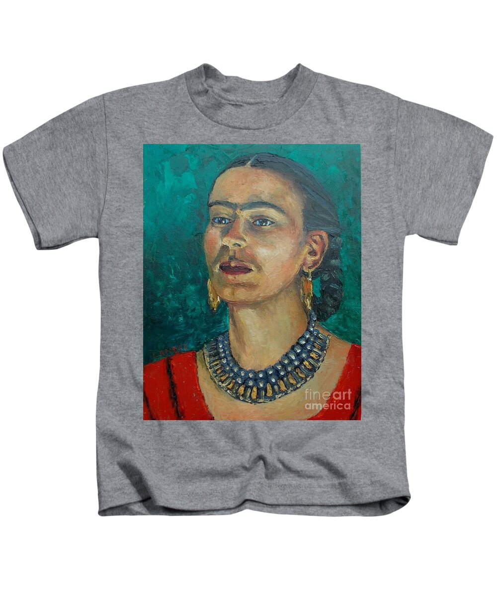 Woman Kids T-Shirt featuring the painting Frida Teal by Lilibeth Andre
