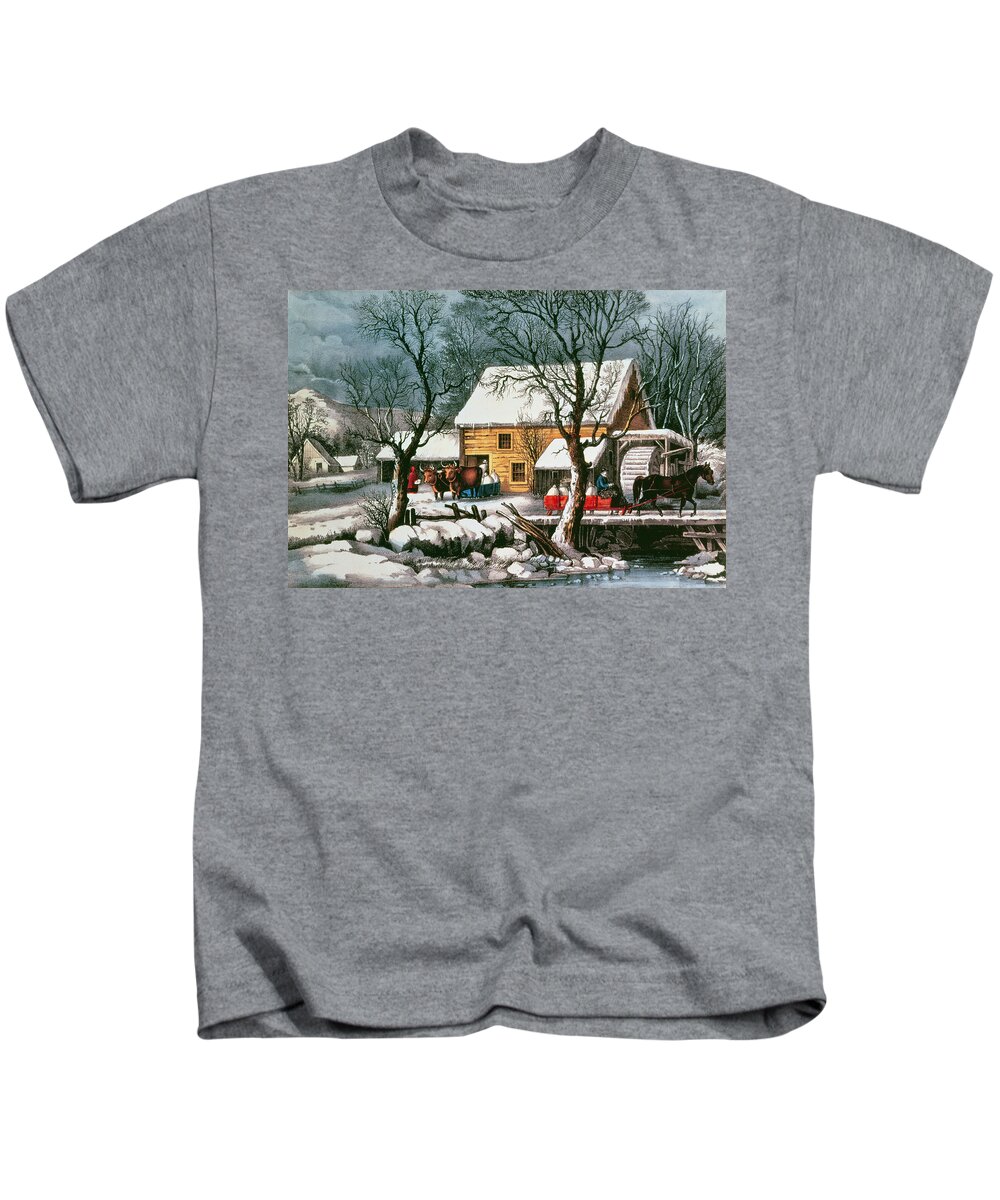 Cattle Kids T-Shirt featuring the painting Frozen Up by Currier and Ives