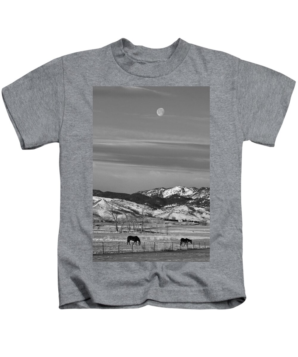 Horse Kids T-Shirt featuring the photograph Full Moon on the CO Front Range BW by James BO Insogna