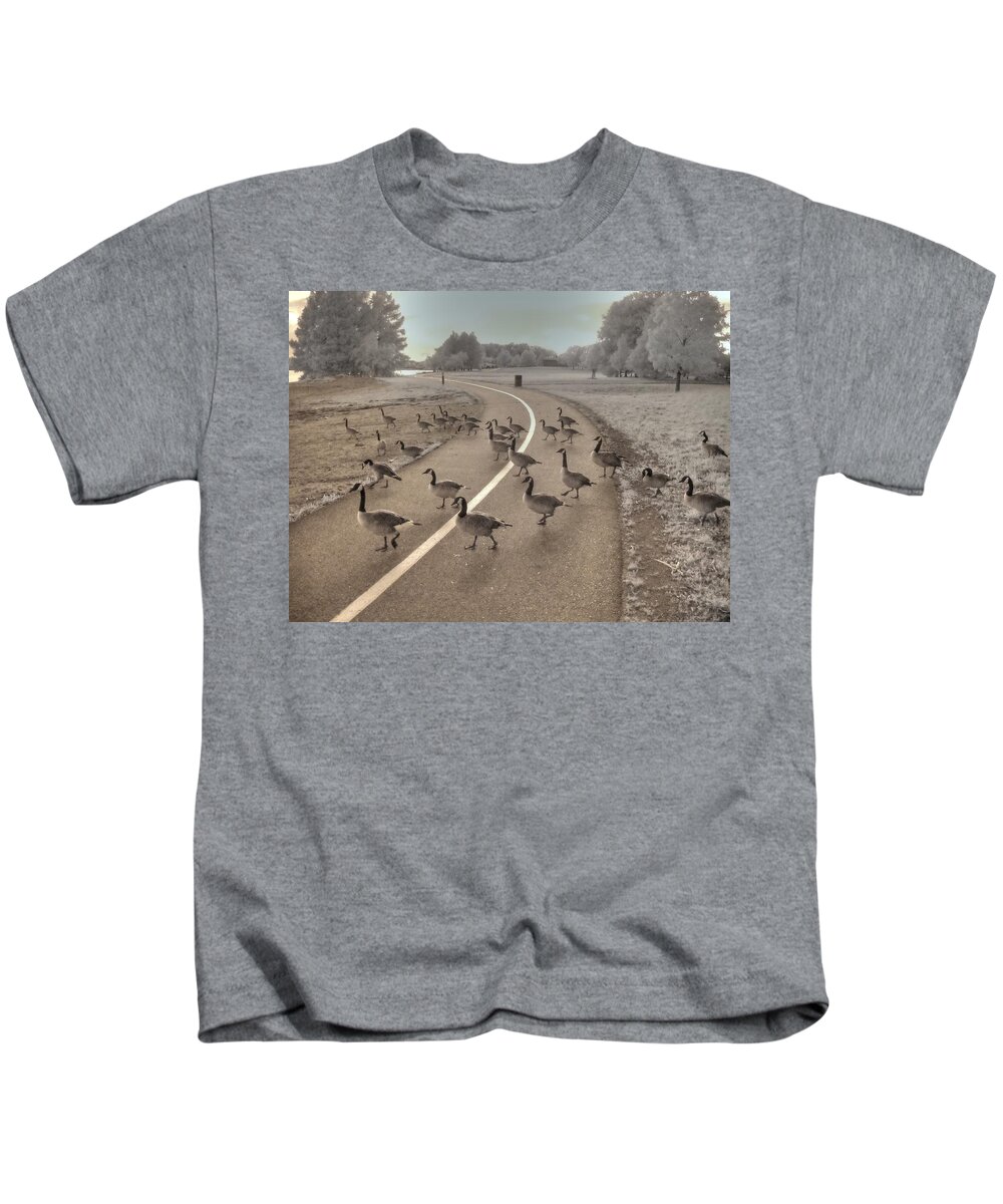 Goose Kids T-Shirt featuring the photograph Geese Crossing by Jane Linders