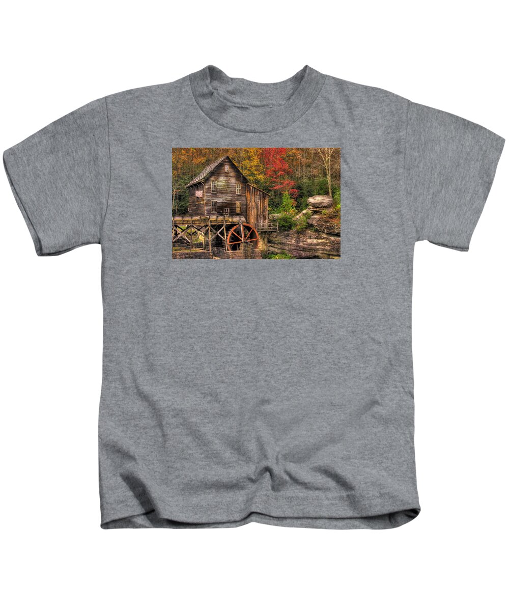 West Virginia Kids T-Shirt featuring the photograph Glade Creek Grist Mill-1A Babcock State Park WV Autumn Late Afternoon by Michael Mazaika