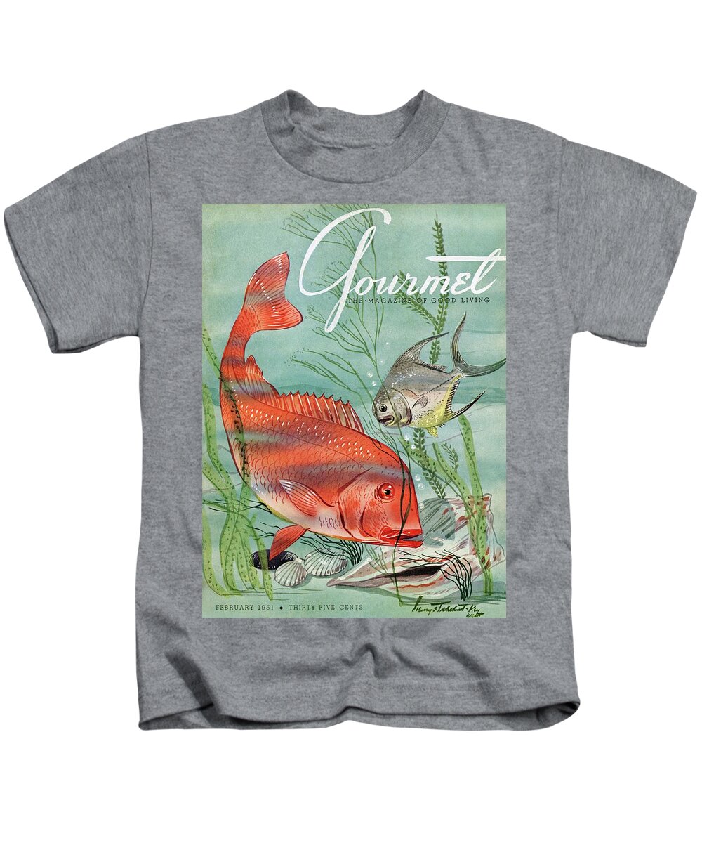 Illustration Kids T-Shirt featuring the painting Gourmet Cover Featuring A Snapper And Pompano by Henry Stahlhut