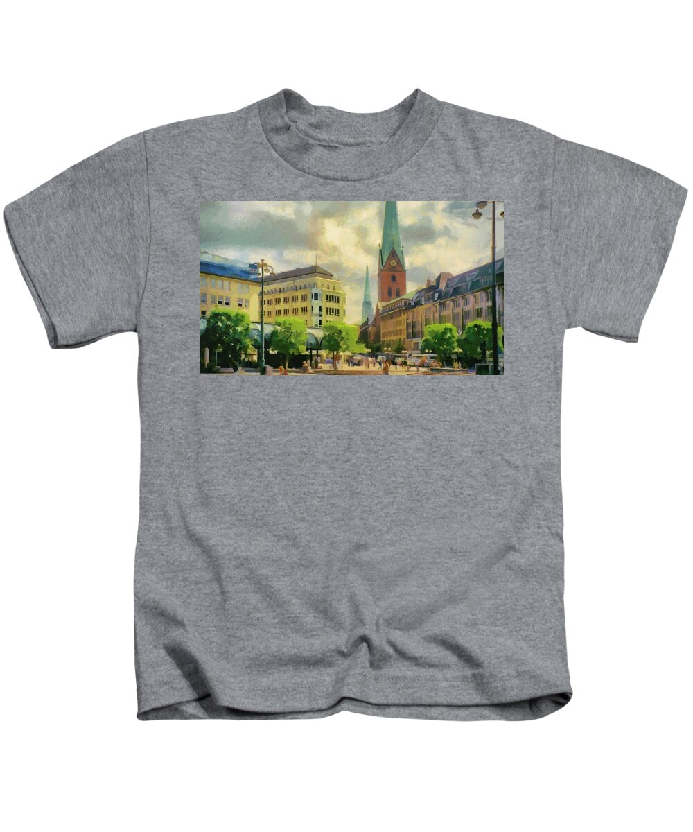 Europe Kids T-Shirt featuring the painting Hamburg Street Scene by Jeffrey Kolker