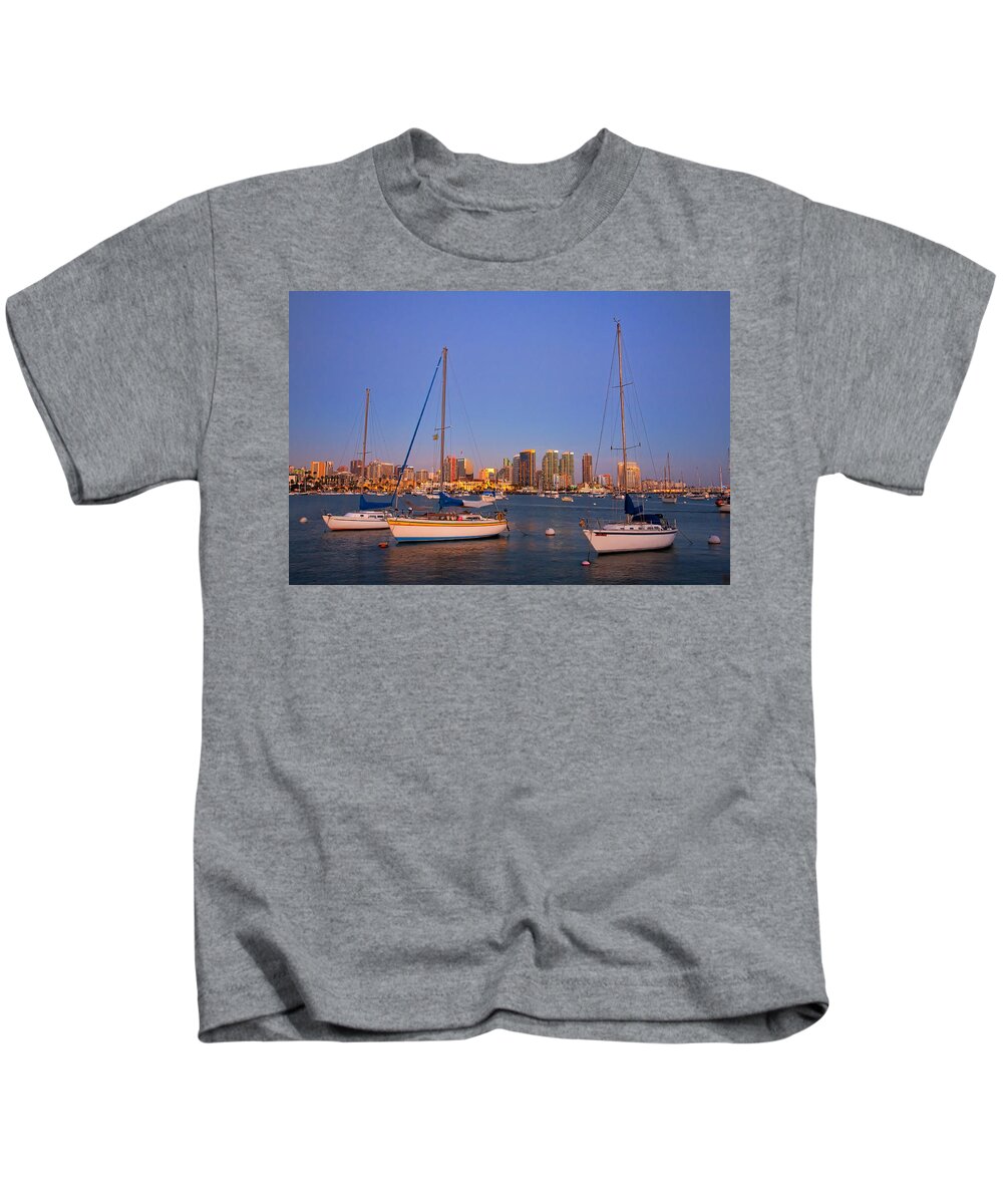 California Kids T-Shirt featuring the photograph Harbor Sailboats by Peter Tellone